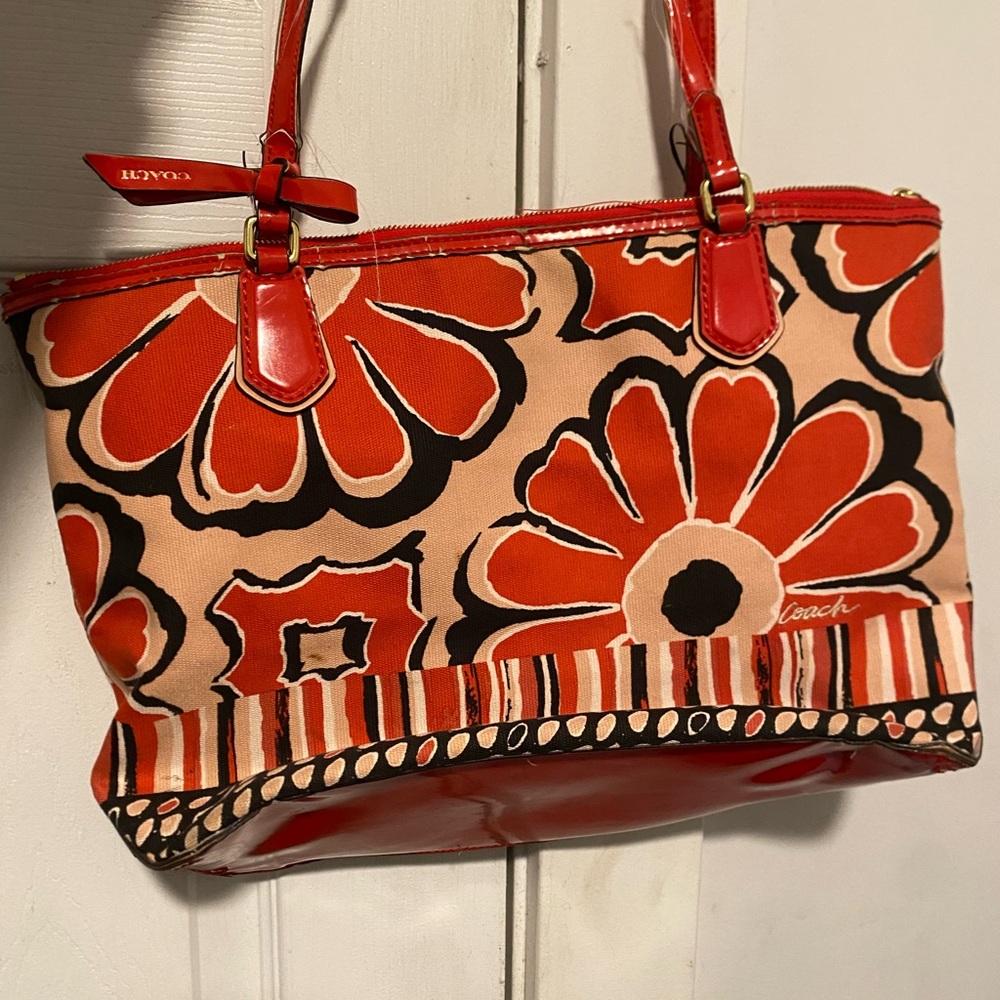 Coach Red Floral Canvas Tote Bag
